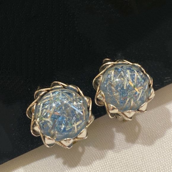Vintage Silver And Blue Confetti Button Earrings - Picture 3 of 9